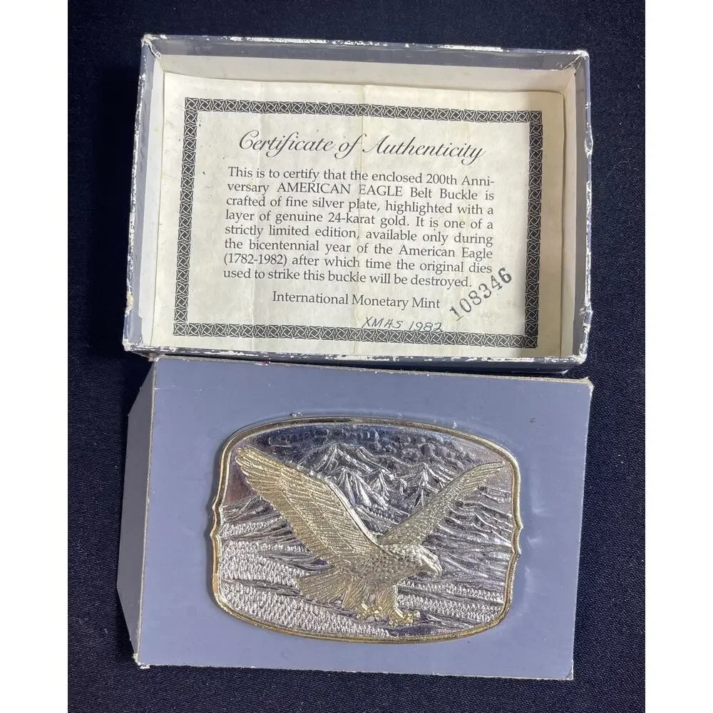 1982 American Eagle 200th Anniversary Belt Buckle 24K Gold Silver Plate COA